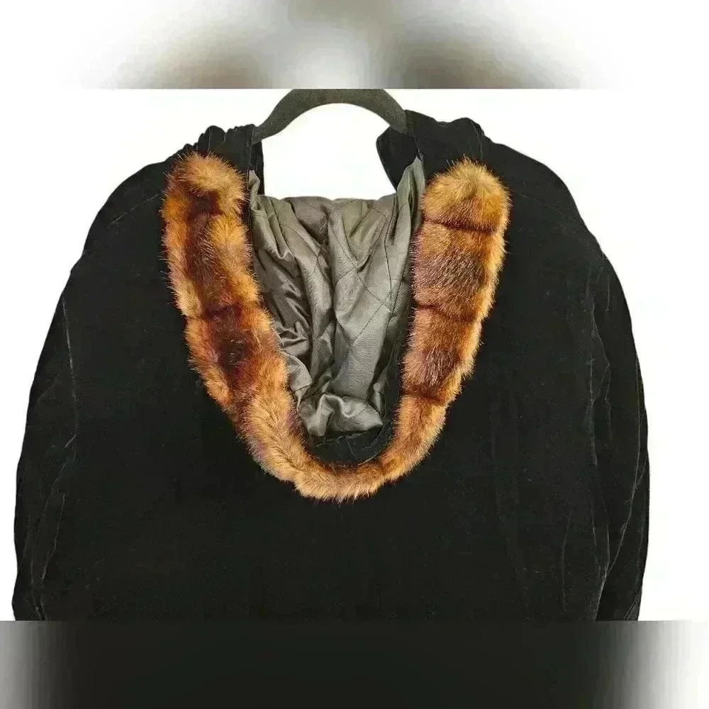 WOMENS LAUREN RALPH LAUREN BLACK VELVET SILK HOODED COAT PARKA LARGE - Picture 8 of 13